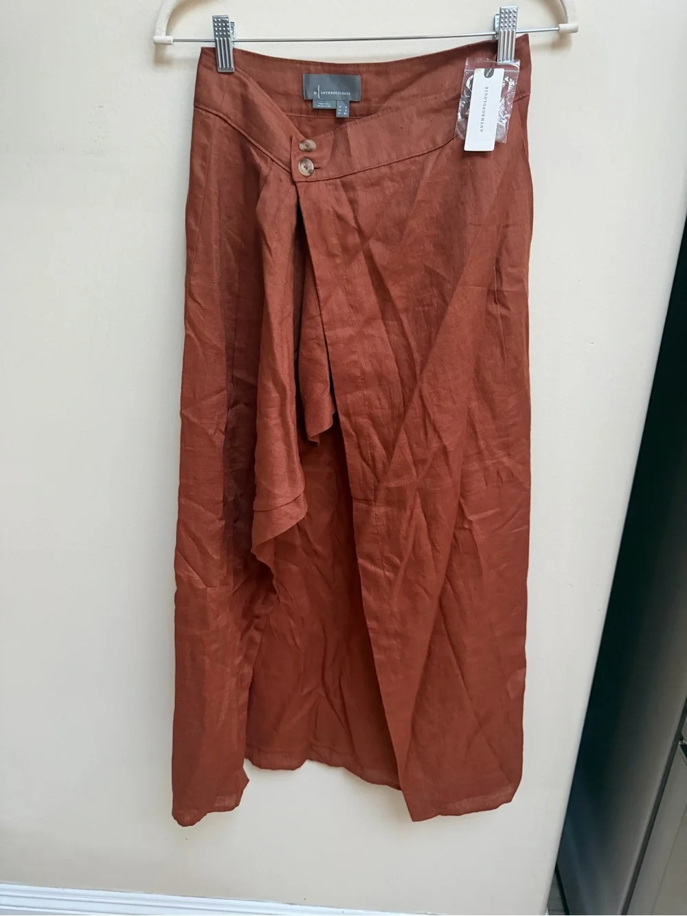 NWT Anthropologie Linen Wrap Midi Skirt in Cedar